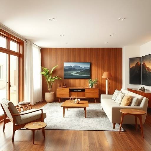 A beautifully designed mid-century modern living room with clean lines, warm wood tones, and iconic furniture pieces.