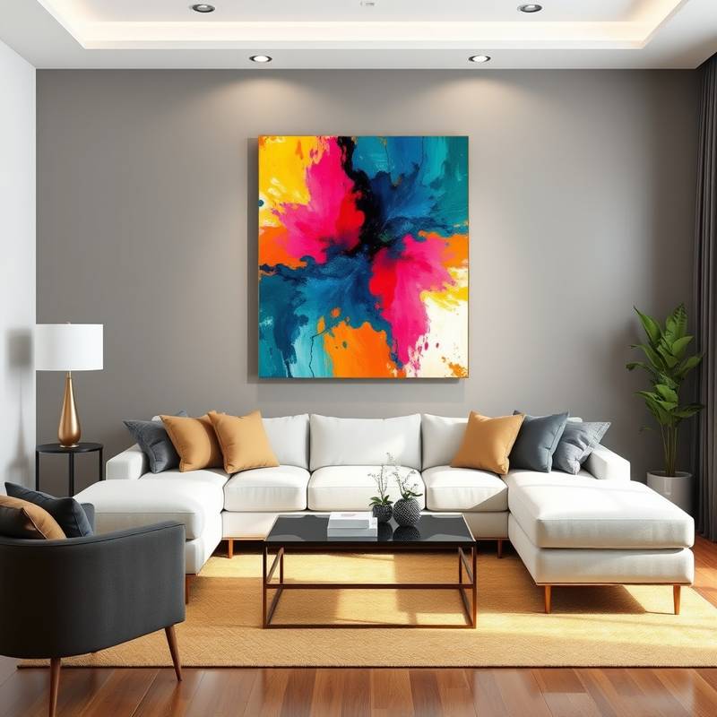 A modern living room featuring a vibrant abstract painting that serves as a focal point, complementing the room's color scheme and design.
