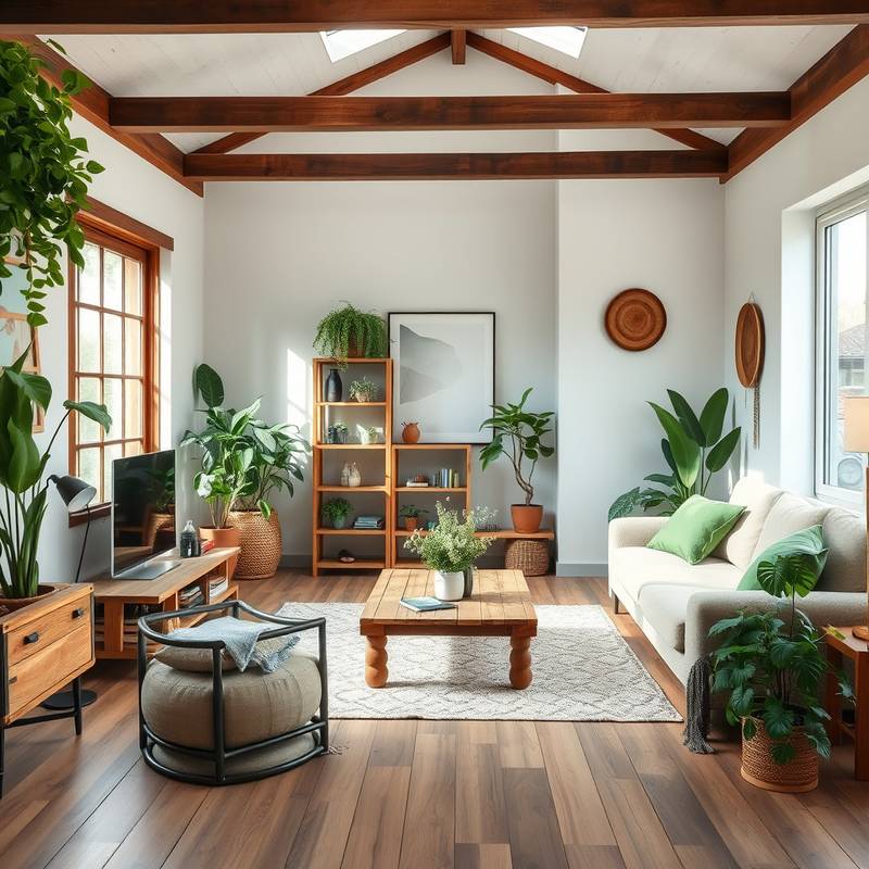 An eco-friendly living room featuring natural light, reclaimed wood furniture, and potted plants, showcasing a commitment to sustainable design.