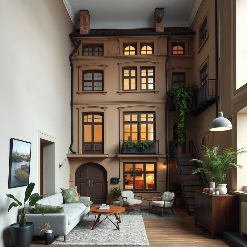 Beautifully renovated historic townhouse in Prague, blending original architectural details with modern interior design elements.
