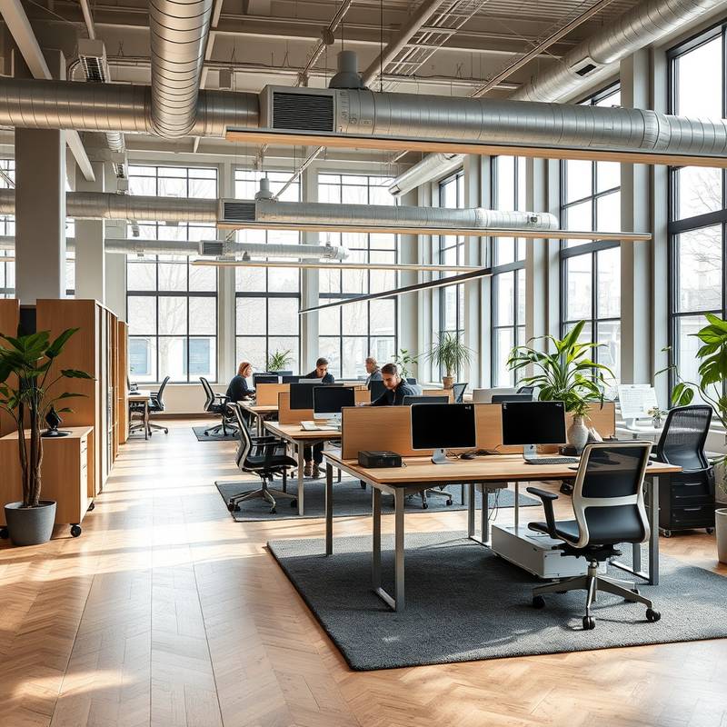 Contemporary open-plan office space in Berlin featuring ergonomic furniture, collaborative workspaces, and natural light for enhanced productivity.