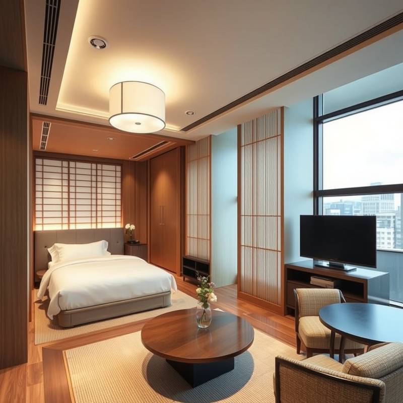 Elegant boutique hotel interior in Kyoto, Japan, with traditional Japanese design elements and modern amenities.