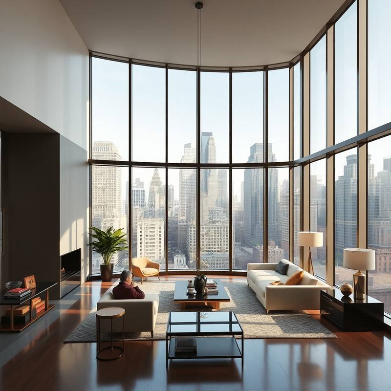 Elegant luxury apartment interior in Manhattan with floor-to-ceiling windows, showcasing a modern and sophisticated design.