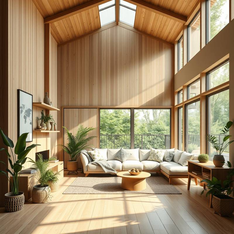 Interior of sustainable, eco-friendly home featuring natural materials, energy-efficient appliances, and biophilic design elements.