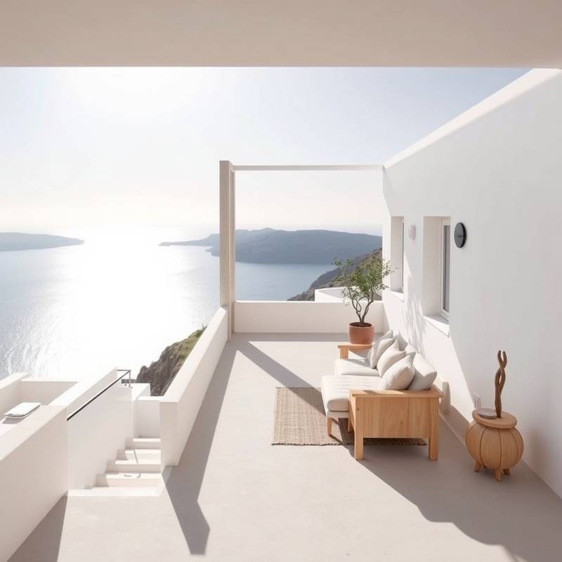 Luxurious coastal villa in Santorini, Greece, showcasing a minimalist design with breathtaking views of the Aegean Sea.