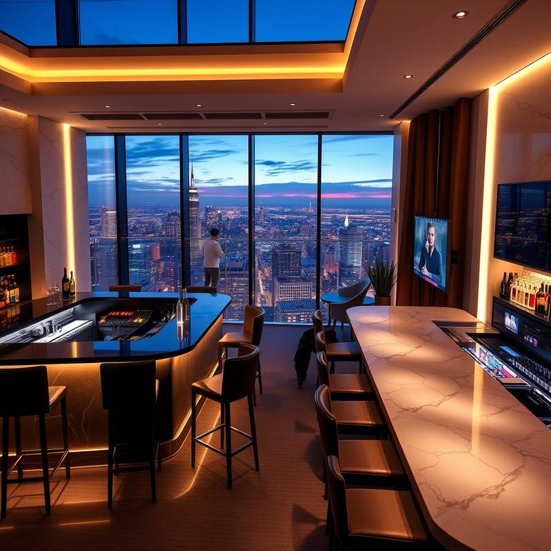 Luxurious penthouse suite featuring a modern bar area with high-end finishes and panoramic city views.