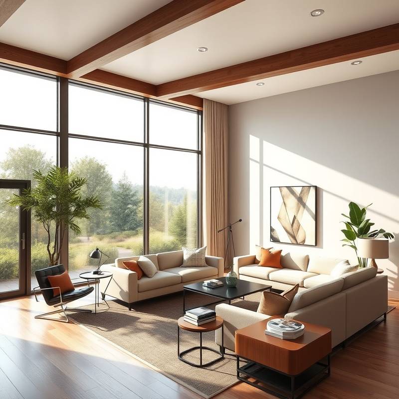 Modern living room with a large window, comfortable seating, and stylish decor.