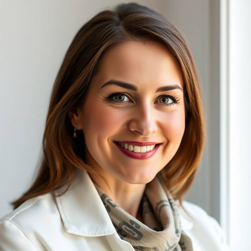Portrait of Anya Petrova, the founder and lead designer of Aurelian Interiors, smiling warmly.