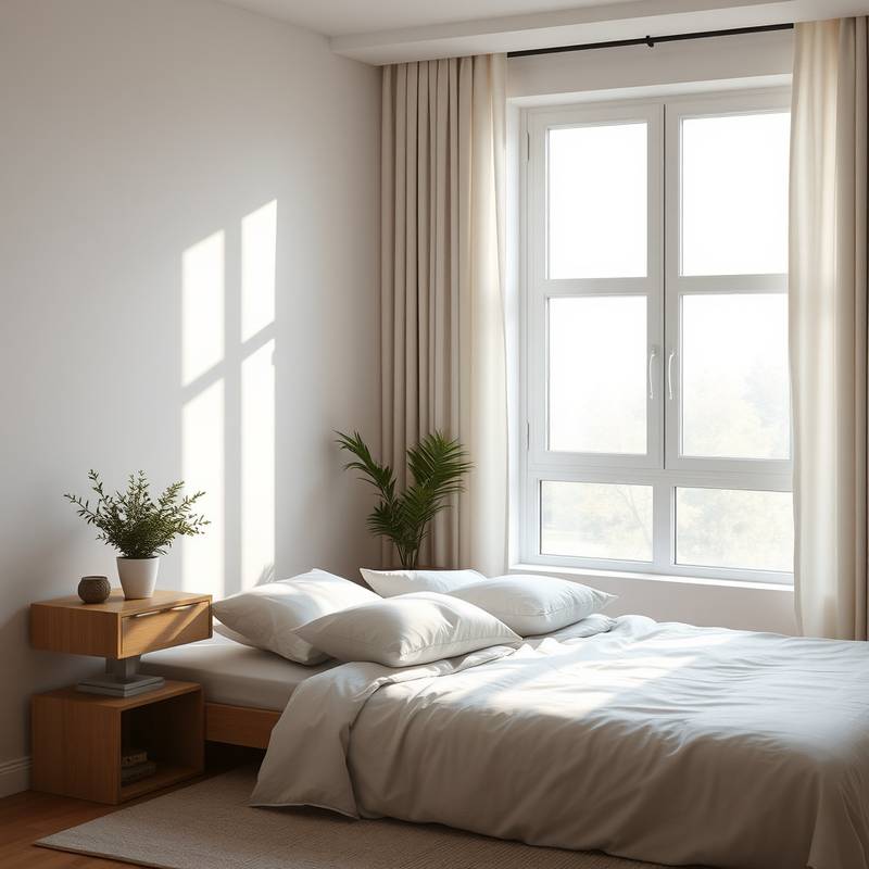 Serene bedroom with soft lighting, a comfortable bed, and minimalist decor.
